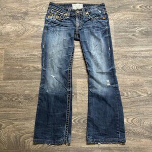 Big Star 27 Short Liv Flared Distressed Jeans Embellished Pockets Dark Wash